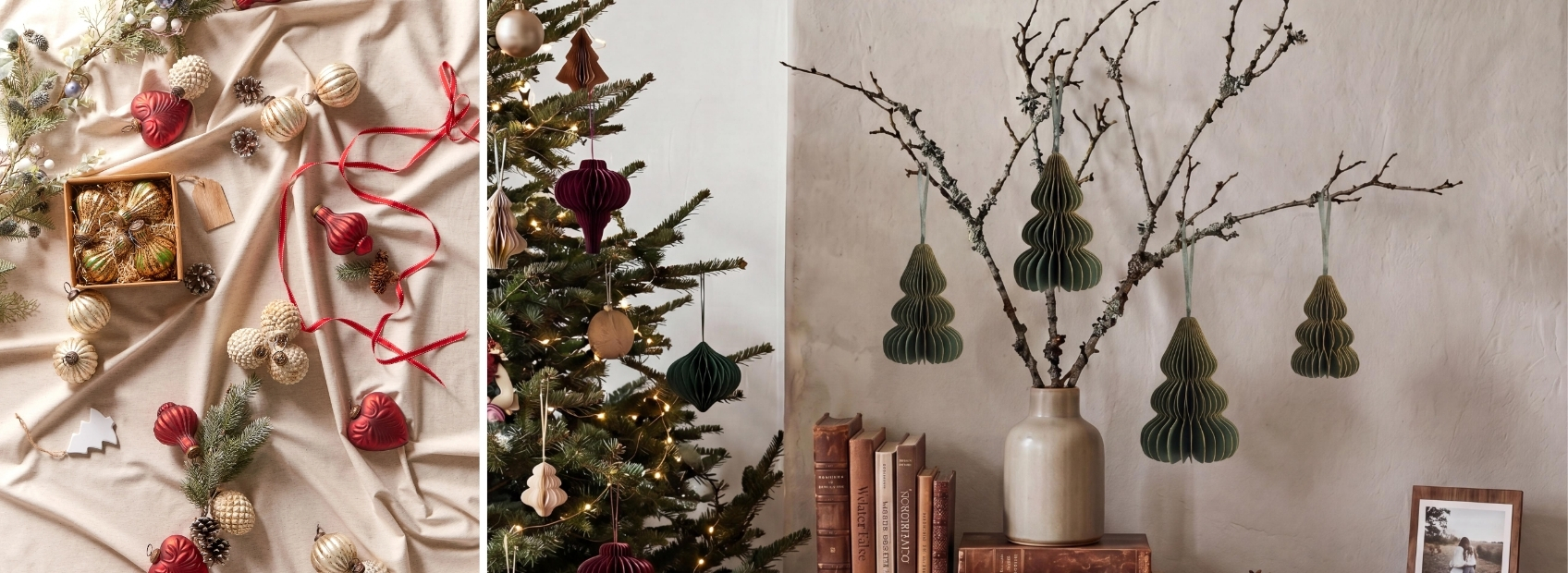 Christmas baubles in different materials and decorative finishes