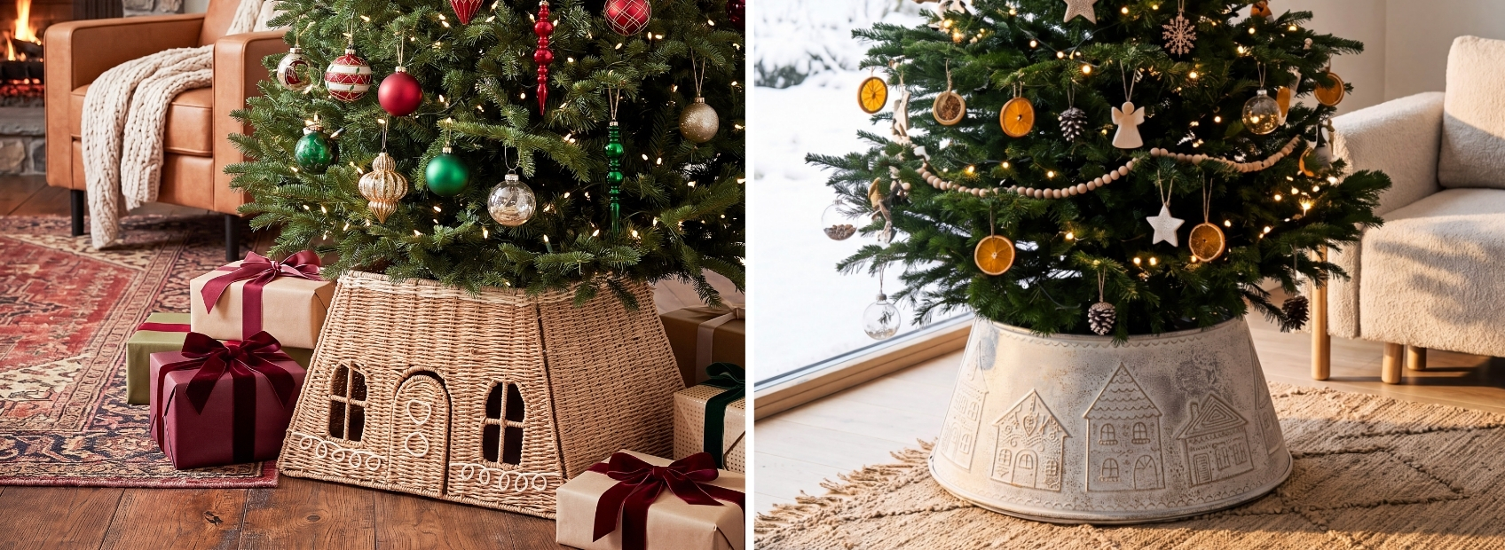 Christmas tree collars styled around the base of festive trees
