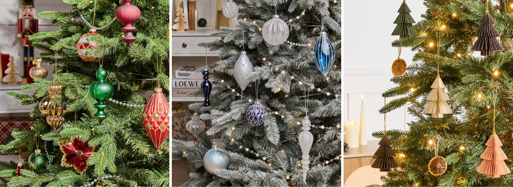 Christmas trees styled with coordinated festive colour schemes