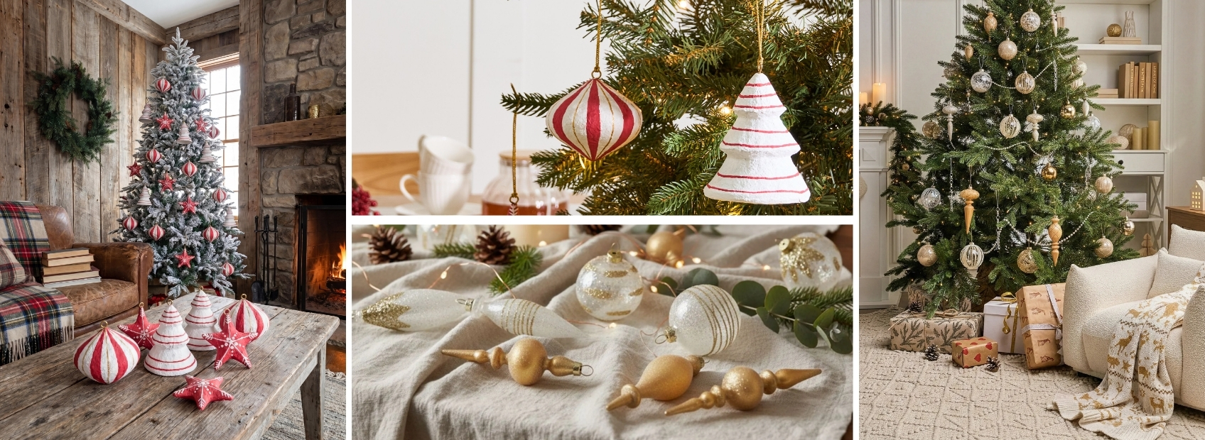 Christmas tree ornaments and festive decorations