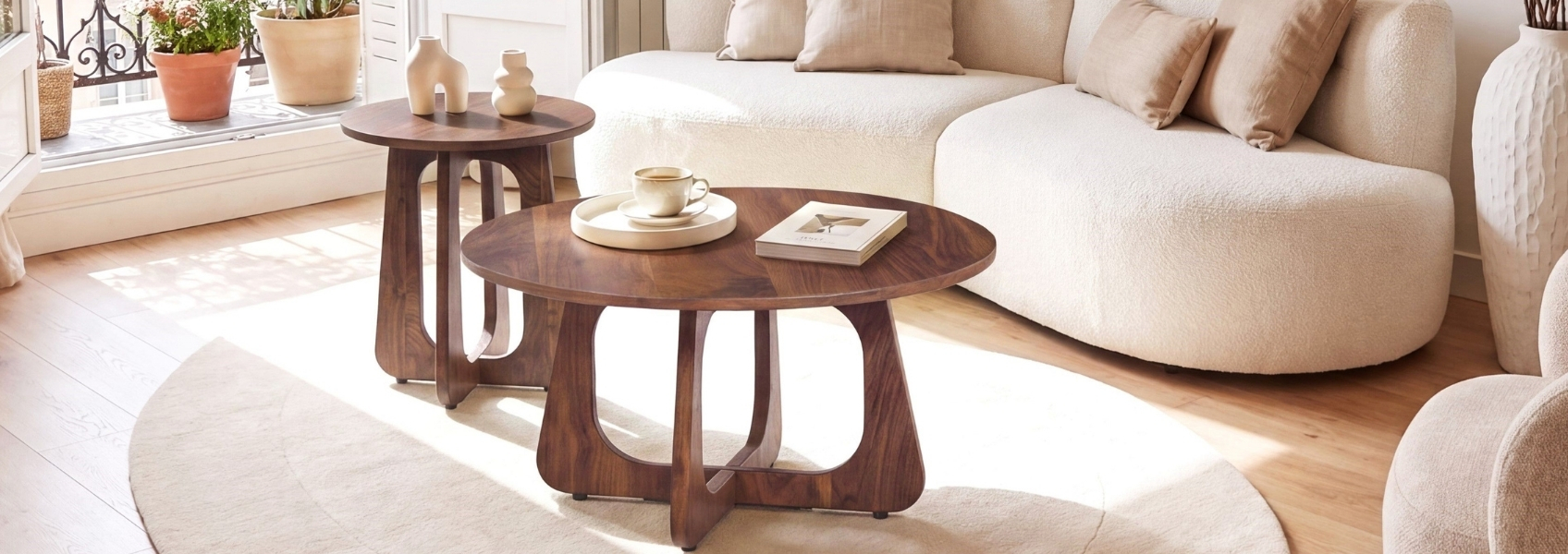 Two round coffee tables in modern living room