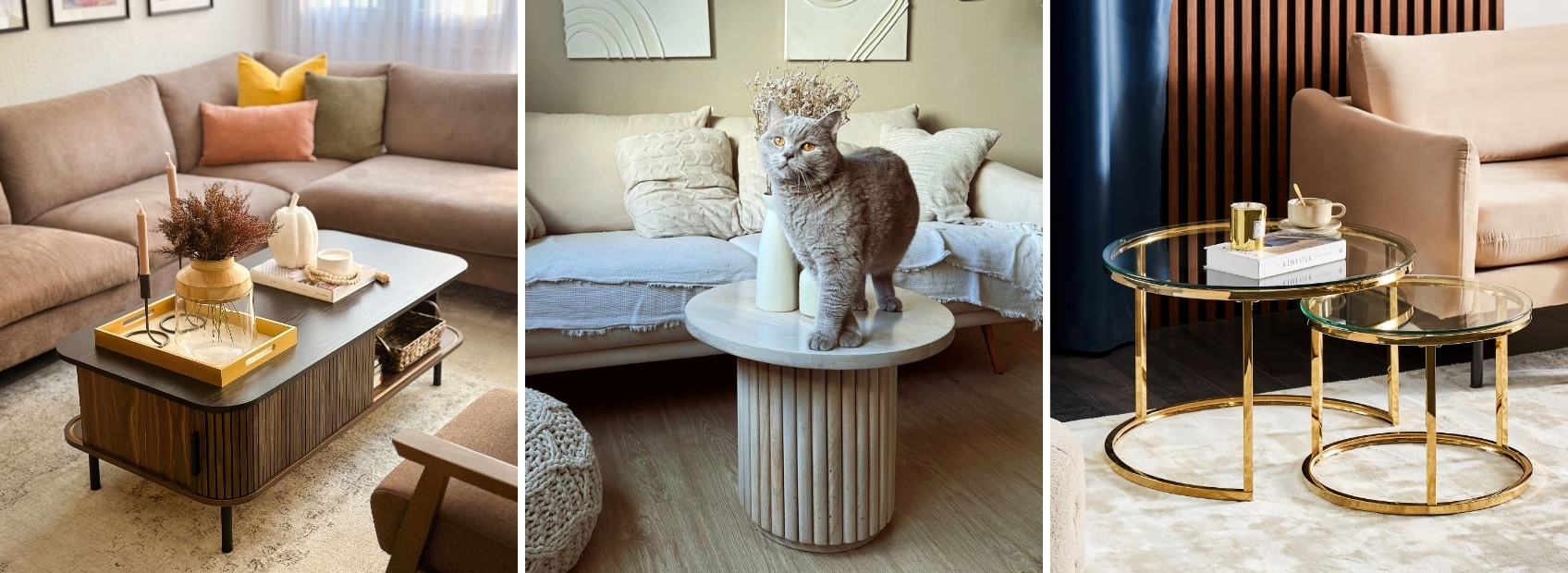Collage showing 3 different coffee tables, 2 of them including shelves