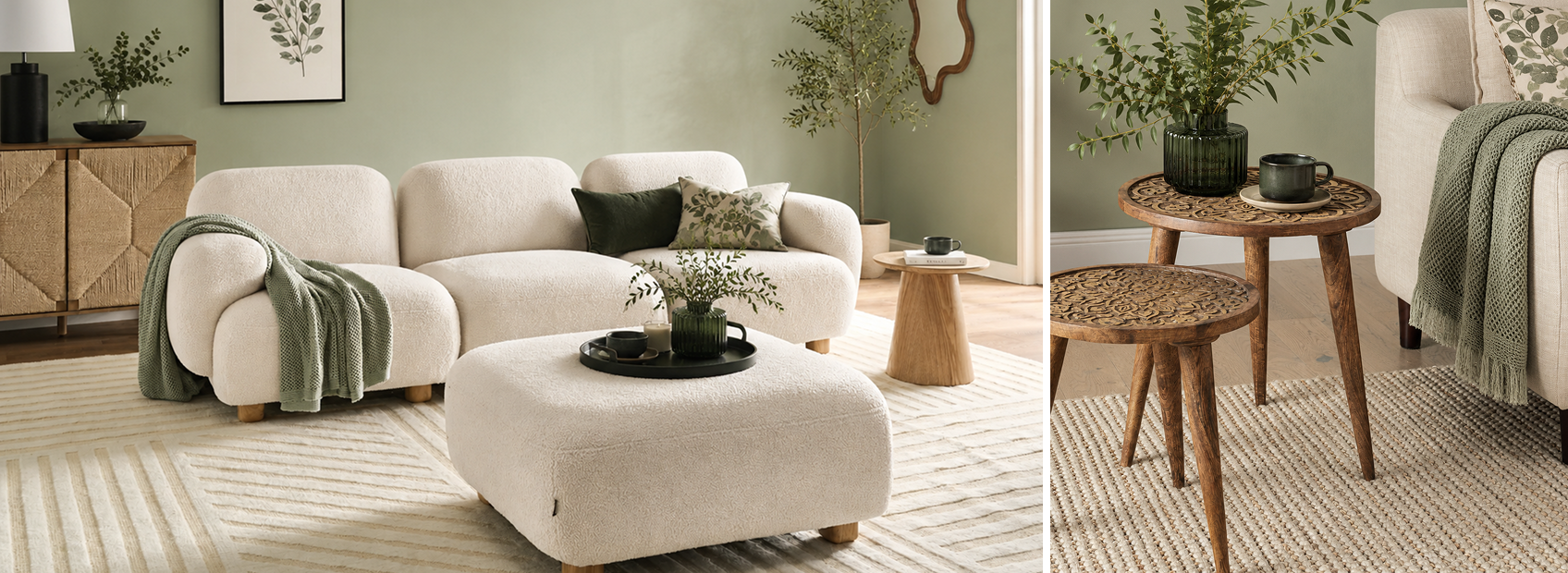 neutral coloured living room with green accents