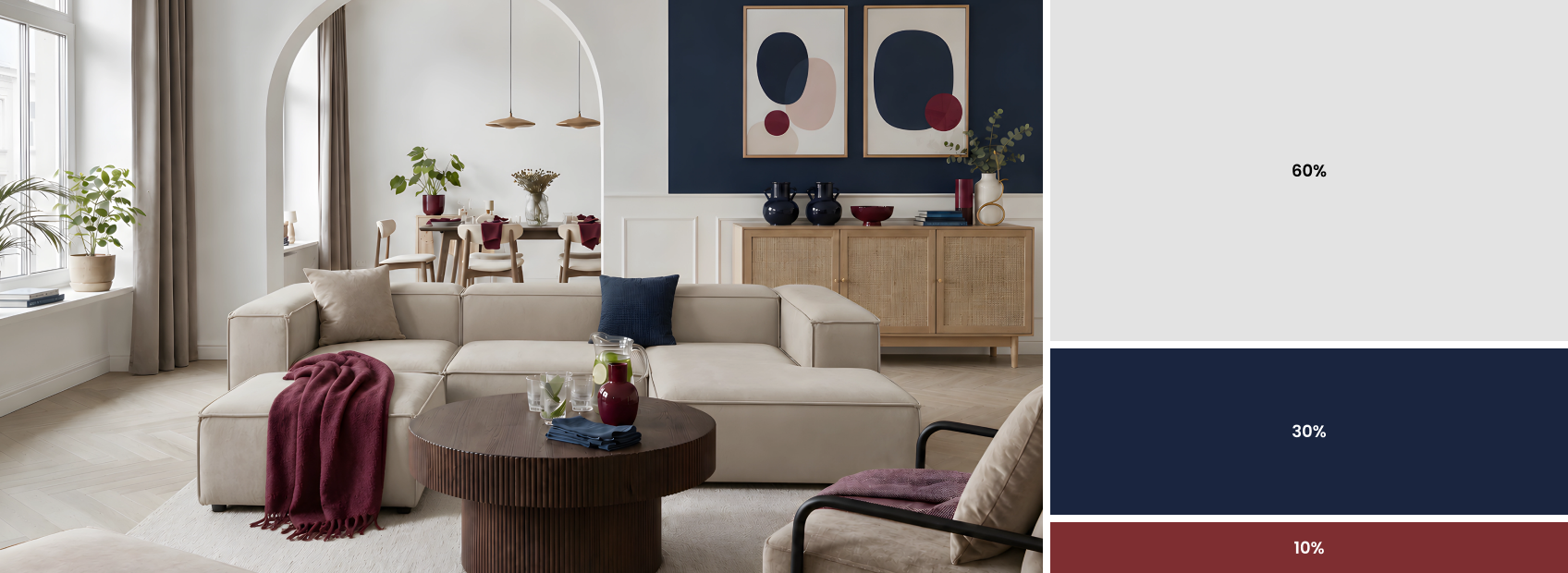 living room in white navy blue and burgundy accents
