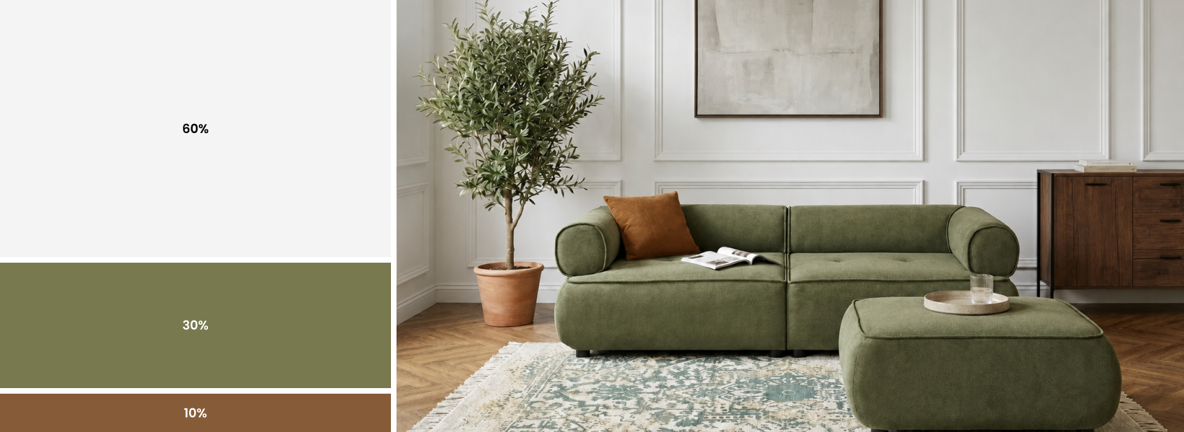 living room in white green and brown accents