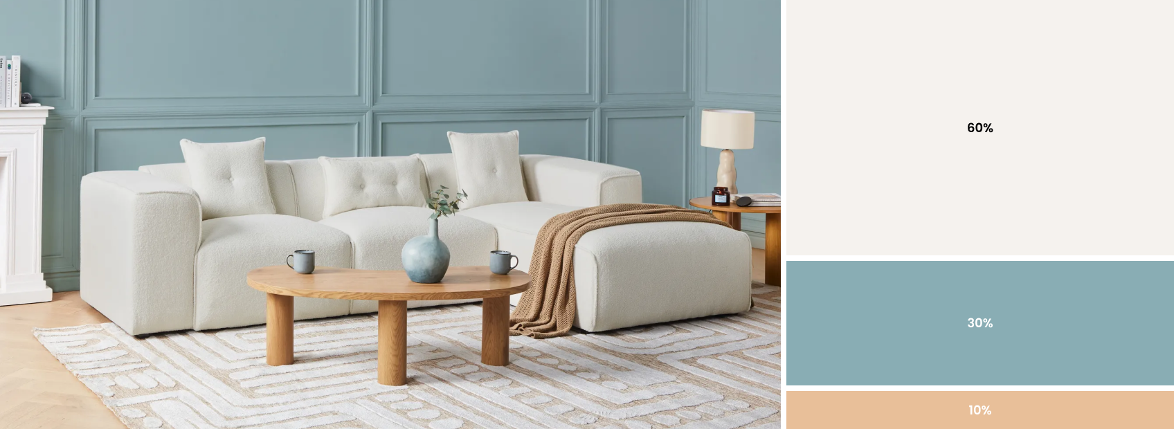 living room in white blue and beige accents