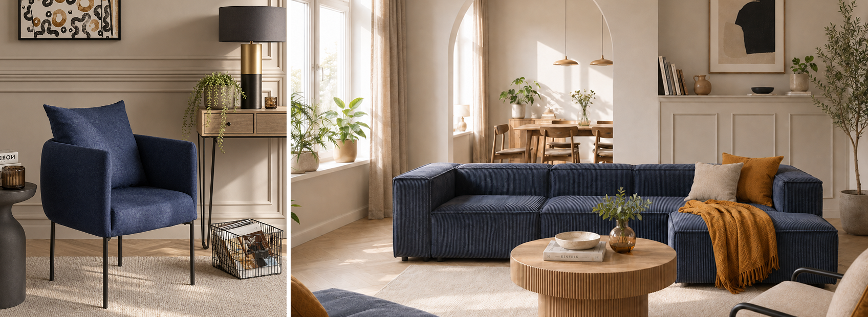 elegant living room in navy blue