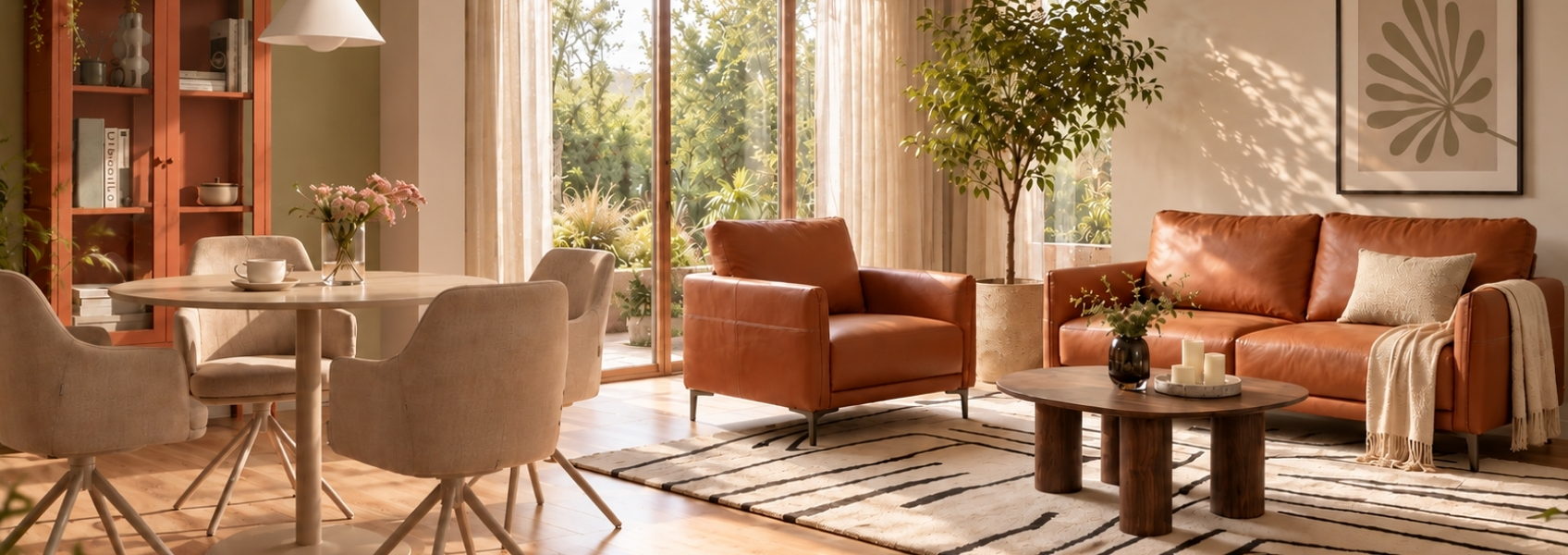 living room in beige and terracota colours with dining table and chairs