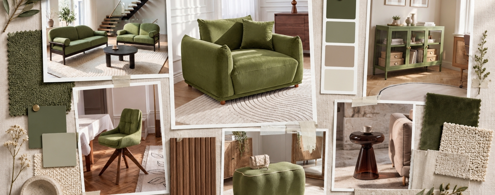 moodboard with products for home in colours of beige, terracotta and khaki