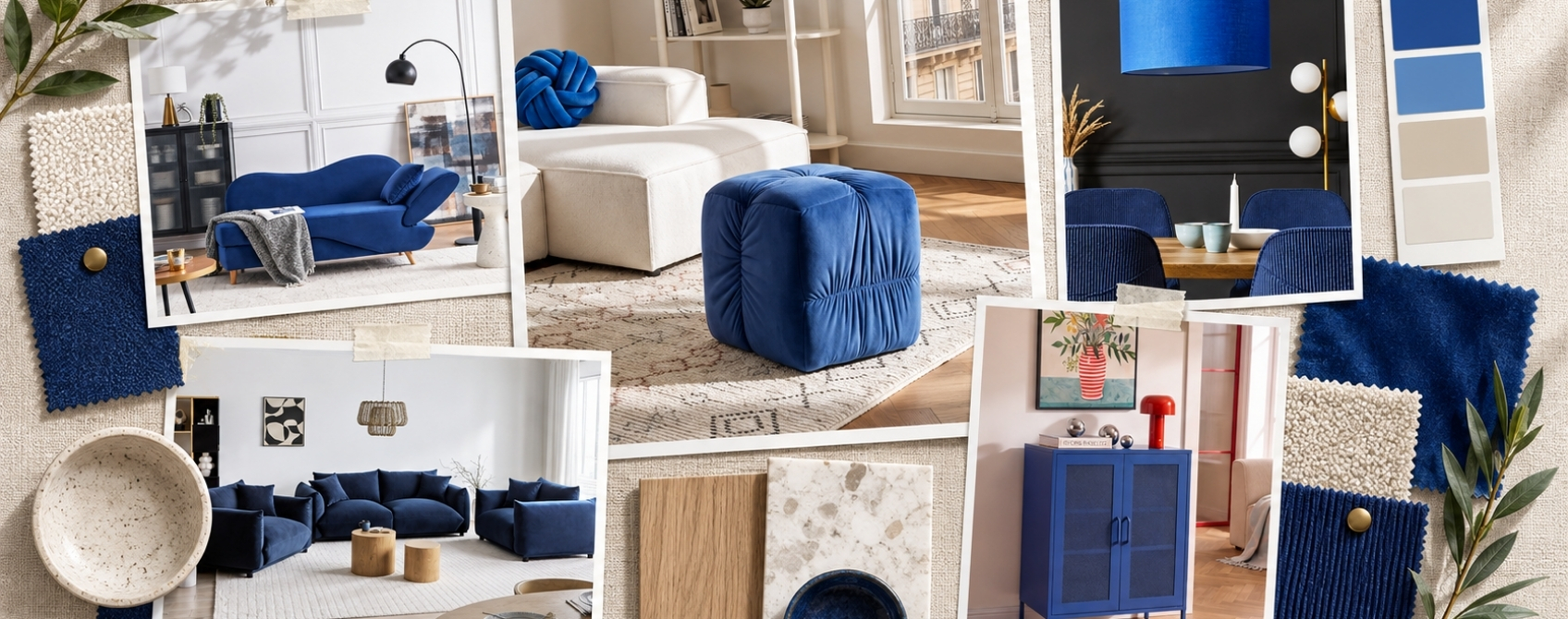 moodboard with blue products for home in various styles