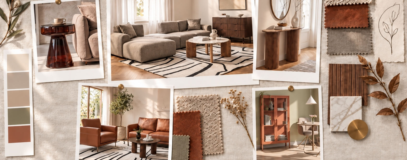 moodboard with products for home in colours of beige, terracotta and khaki