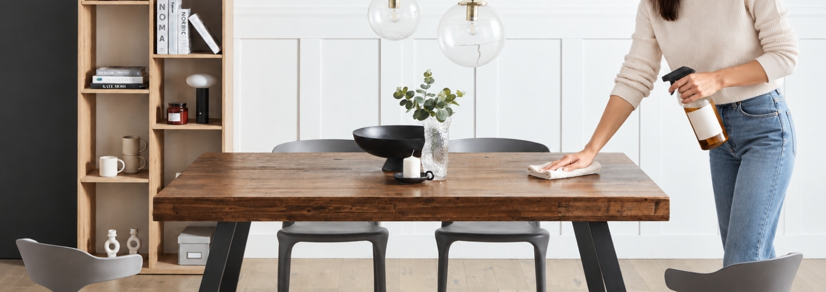 Woman cleaning solid wood coffee table in modern living room