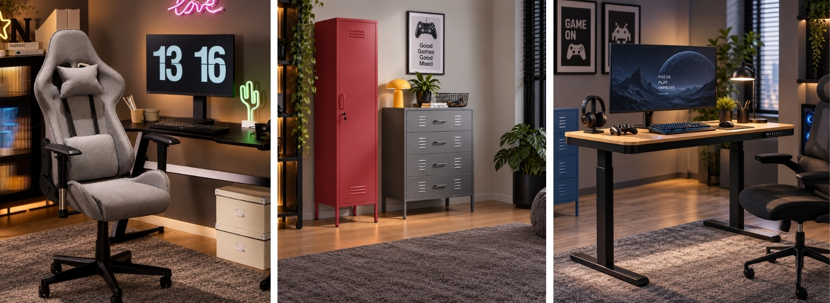 collage showing gaming room furniture