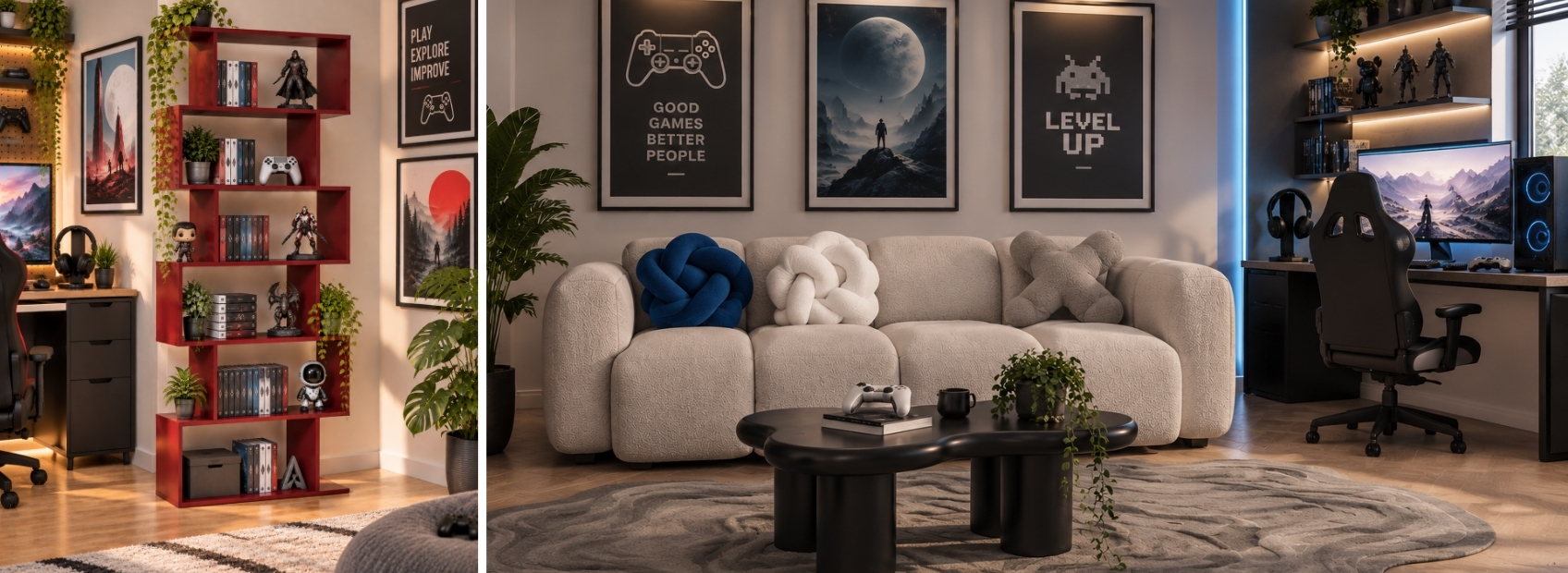 collage showing gaming room decor