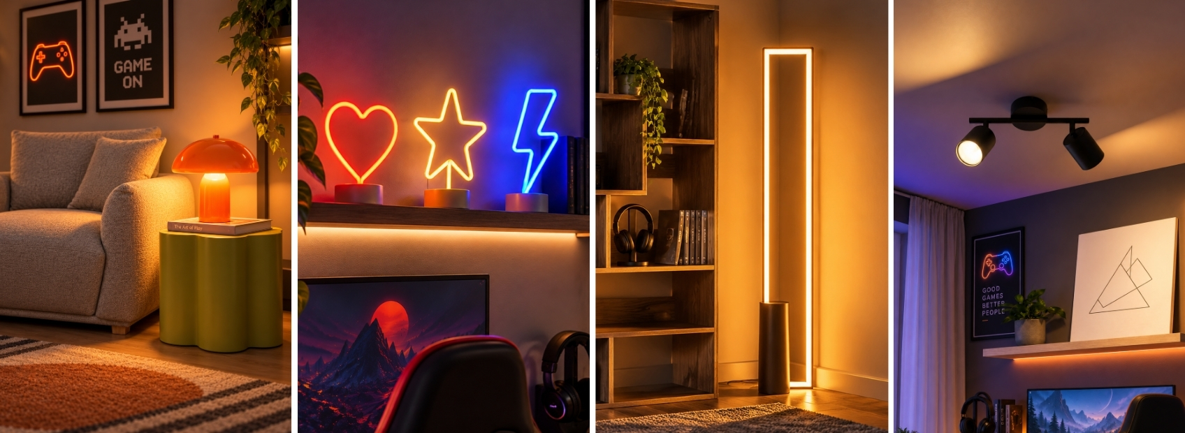 collage showing gaming room lighting