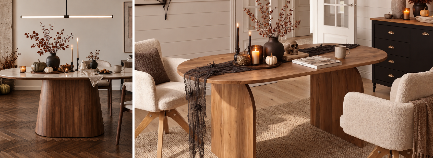 Halloween dining room decor collage featuring styled wooden and marble tables with pumpkins and candles.