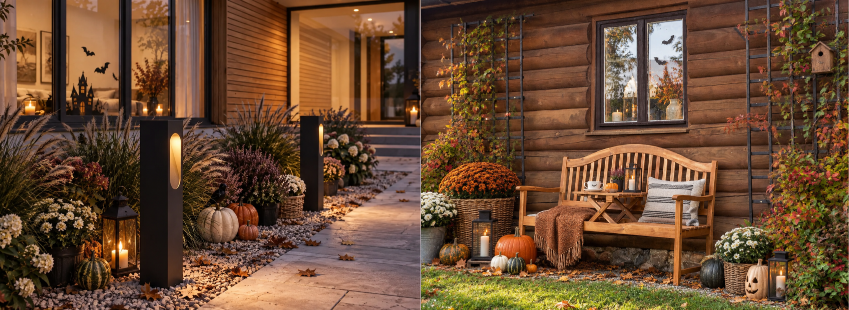 Outdoor Halloween decor collage with garden lights, pumpkins, and a wooden bench.