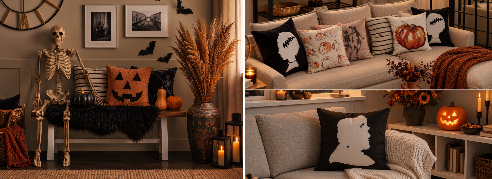 Three-panel collage showcasing Halloween living room decor, featuring a full skeleton seated on a bench, a sofa filled with seasonal throw pillows, and glowing jack-o'-lantern accent lighting.