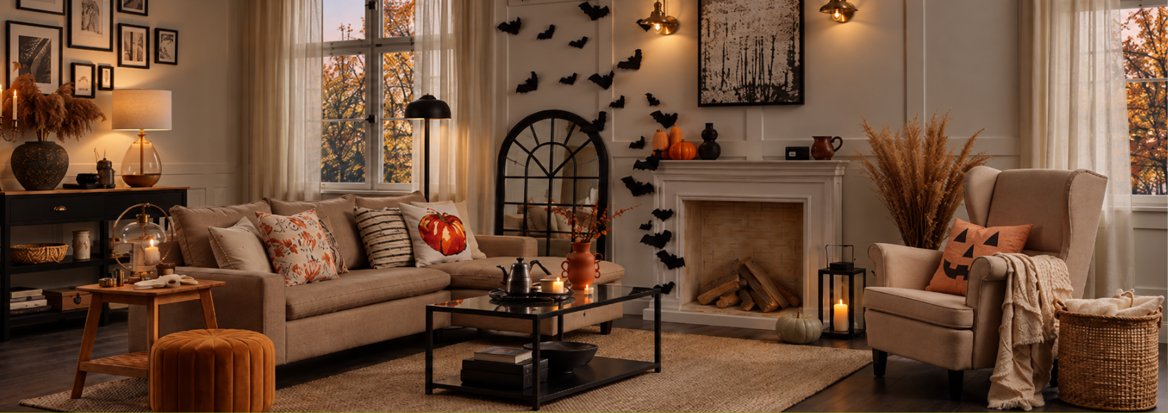 Warmly lit living room decorated for Halloween featuring beige seating with pumpkin-patterned pillows, black bat cutouts flying up the wall, and a cosy fireplace setup.
