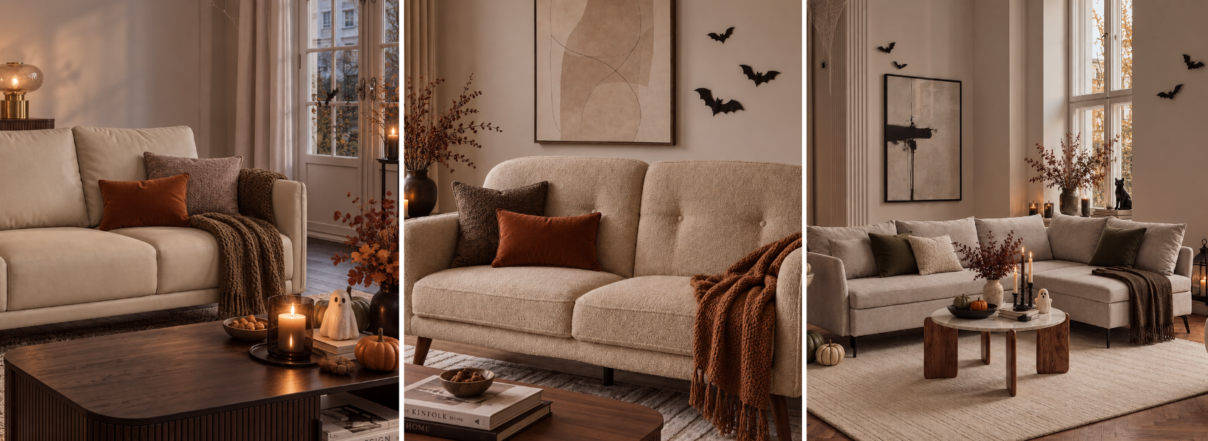 Living room Halloween decor collage with beige bouclé sofas, rust pillows, and bat wall decals.