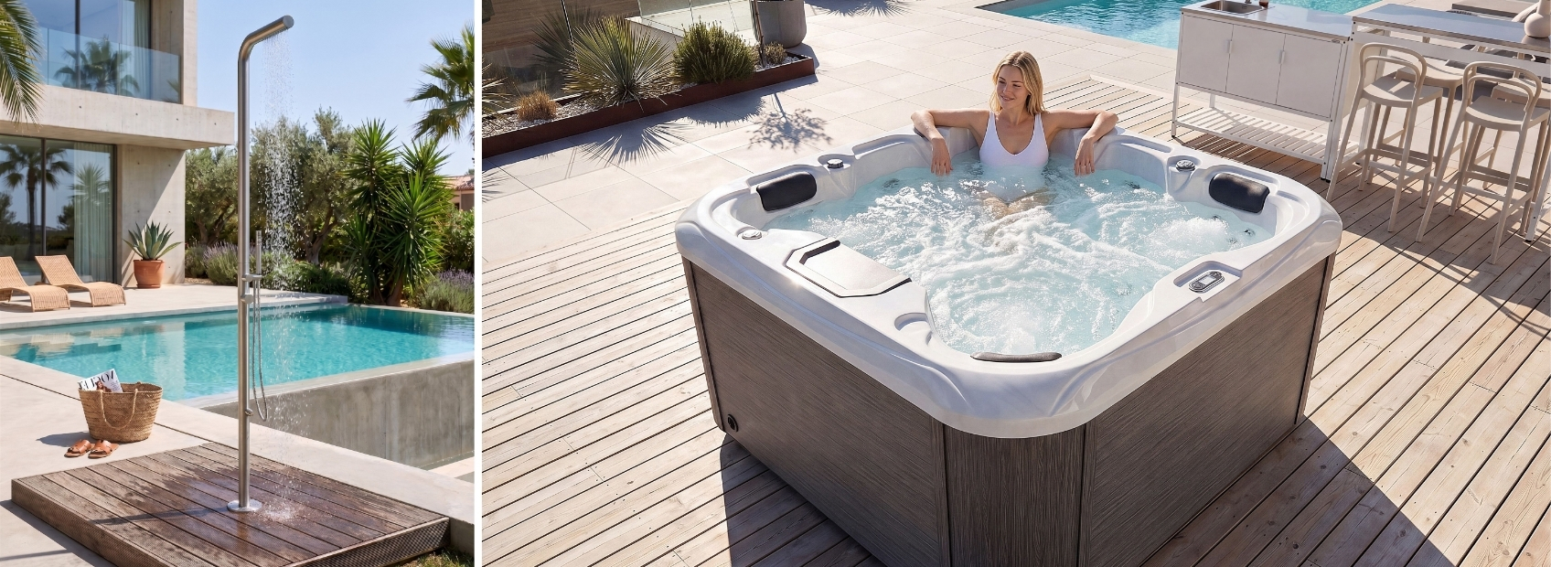 Collage showing garden shower and hot tub in a modern outdoor setting