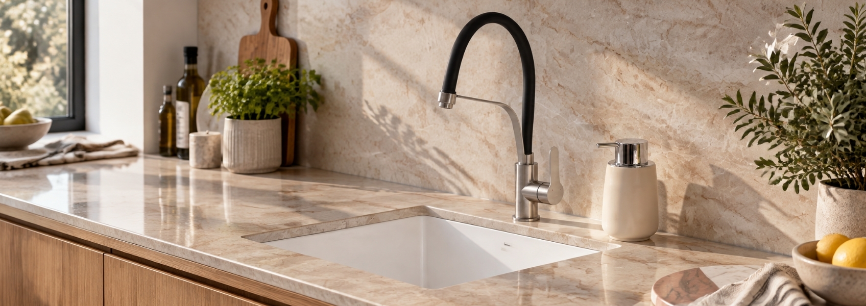 Picture showing a sunny kitchen, focused on the tap and sink.