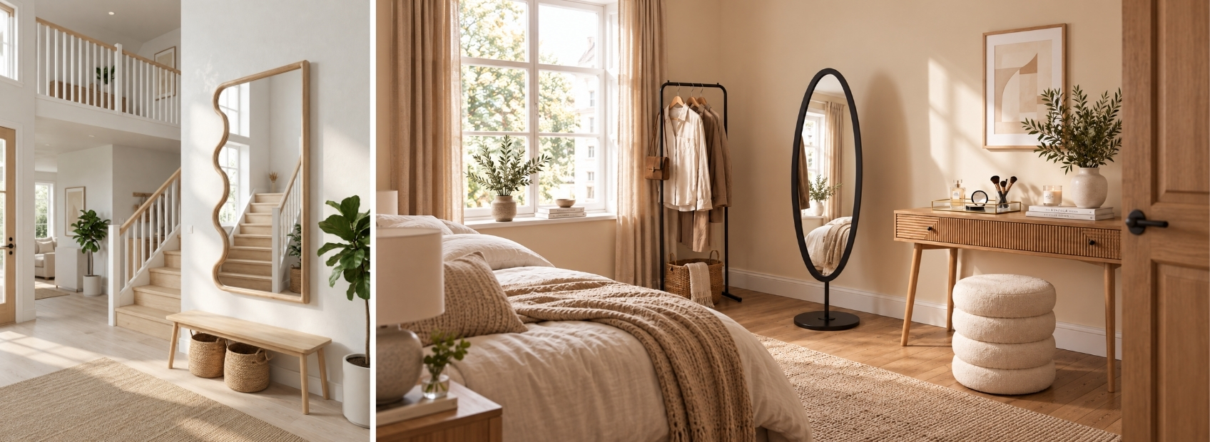 photo showing wall mirror in bedroom and living room