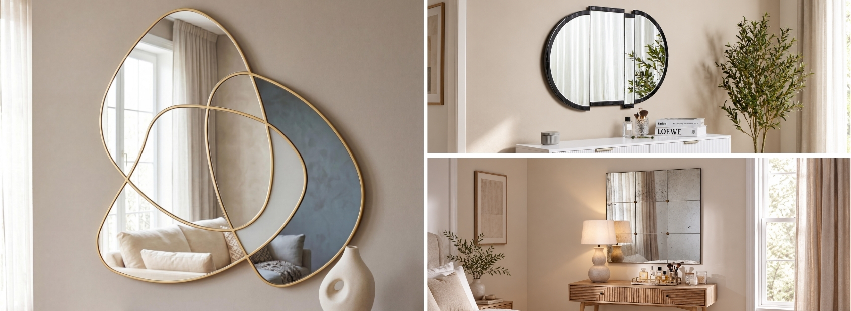 three photos showing mirrors with reflection