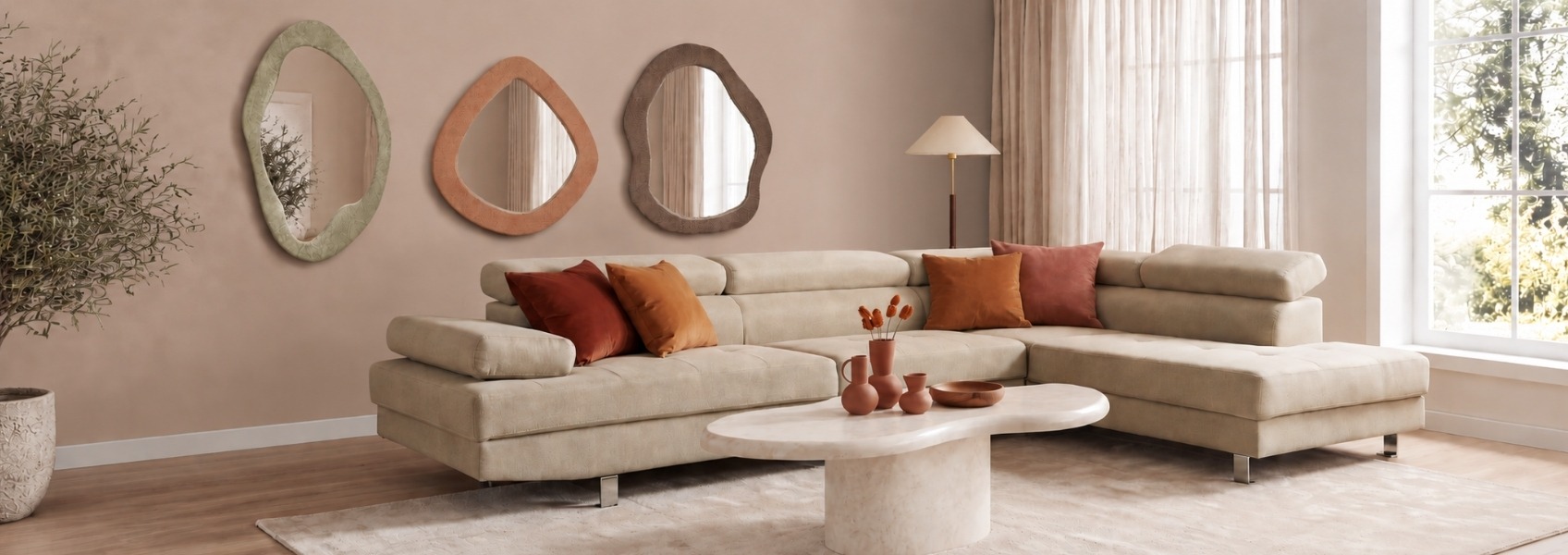 living room with mirrors on the wall