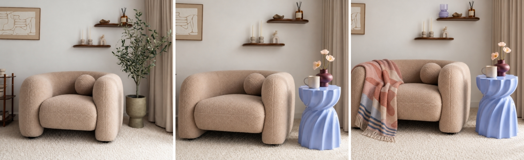 Three furniture pieces showing a base style, a contrasting piece and a connecting detail