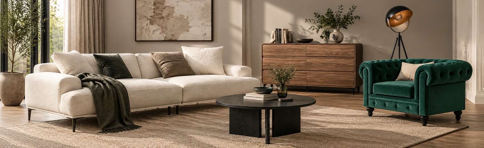 Living room pairing a beige sofa, green armchair, dark wood sideboard and black floor lamp