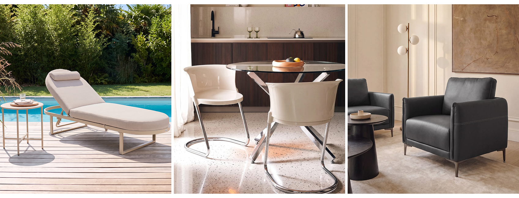 Collage of retro style interior design features including solid wood, rounded shapes and fabric textures