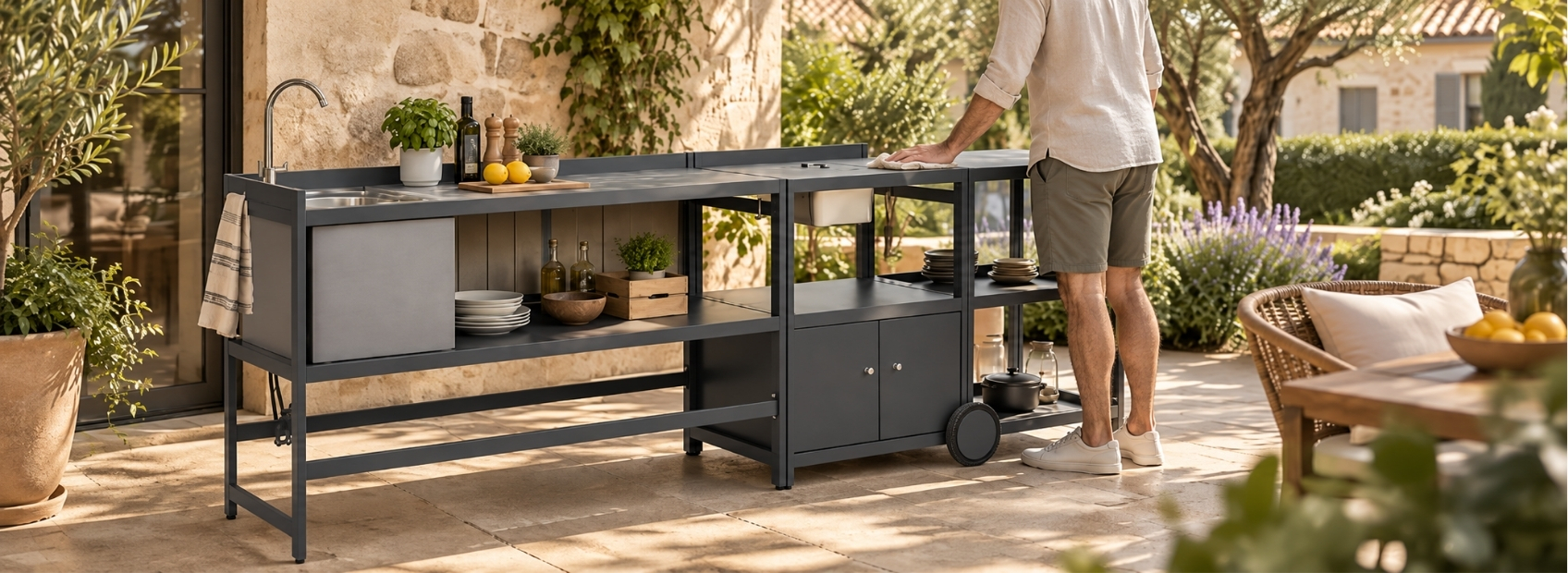 Cleaning an outdoor kitchen after cooking