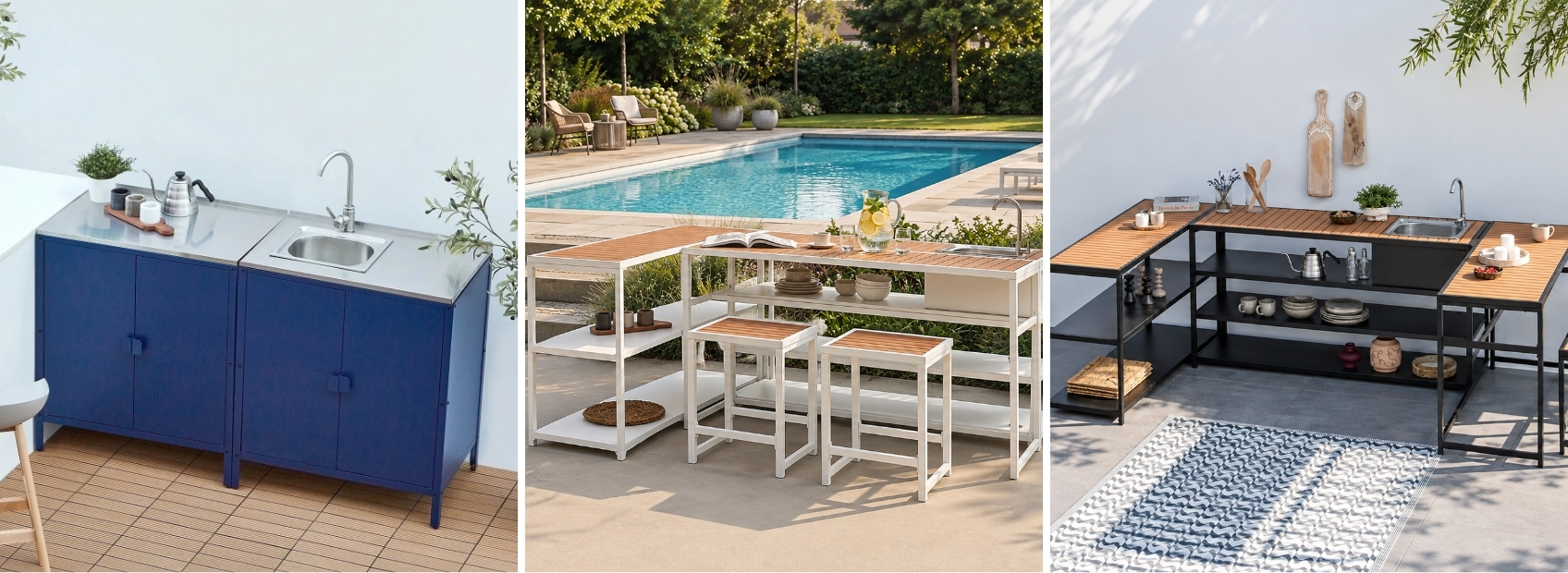 Three different types of outdoor kitchen layouts: single-run, L-shaped and U-shaped arrangements