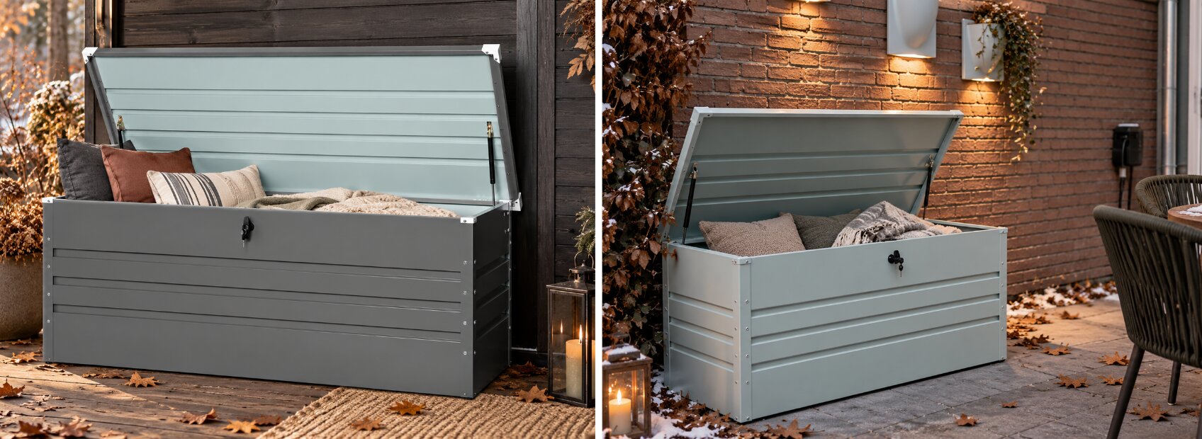 Side-by-side comparison of dark gray and light mint green metal outdoor storage boxes with open lids, each storing patio cushions and blankets.