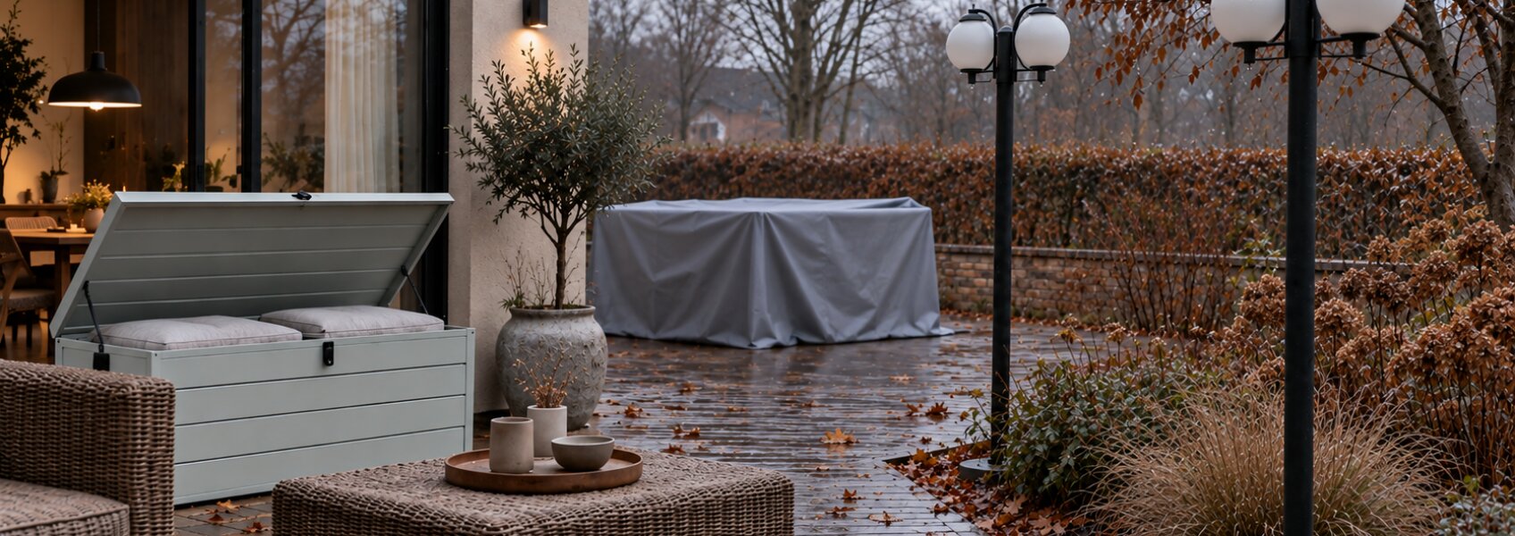 A contemporary backyard patio with an open grey slatted storage box revealing cream-colored pillows inside, next to a potted tree and a covered outdoor dining set in an autumn garden setting.