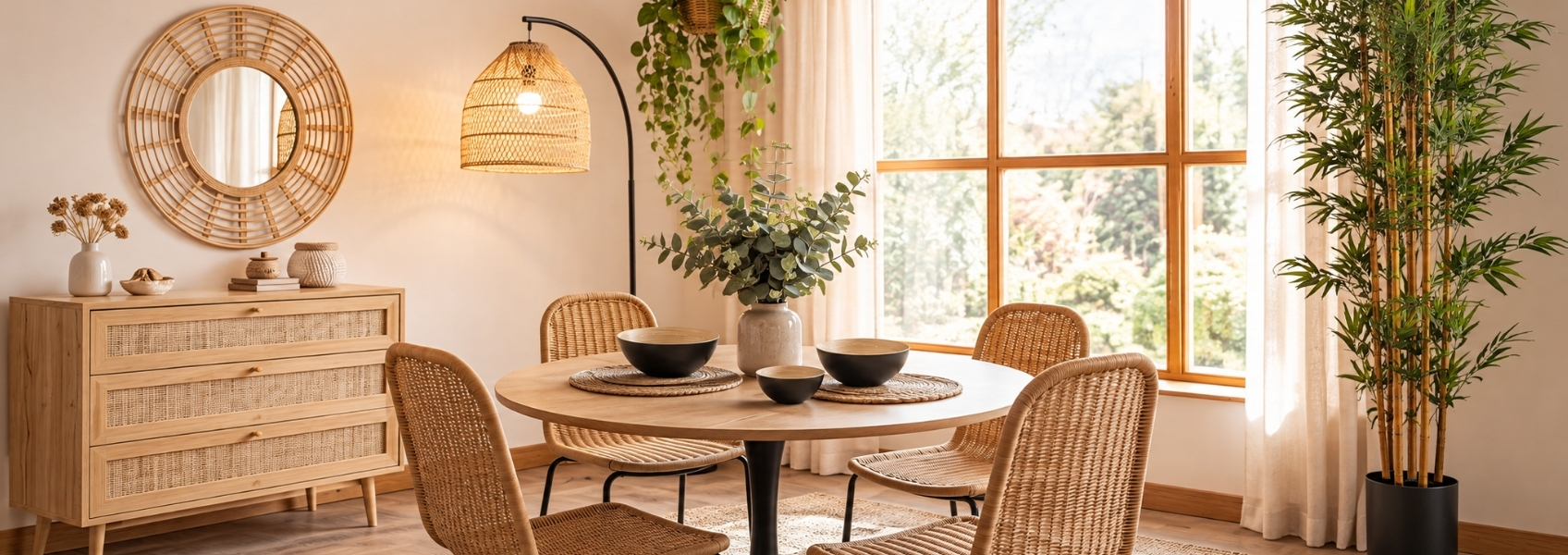 Picture showing a a living room with rattan and bamboo furniture and accessories