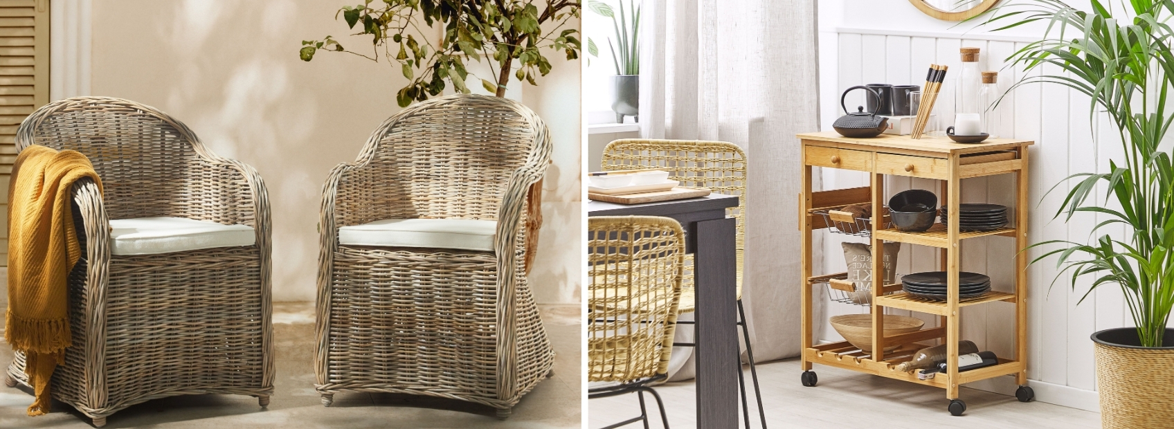 Collage showing rattan armchairs and a bamboo kitchen trolley