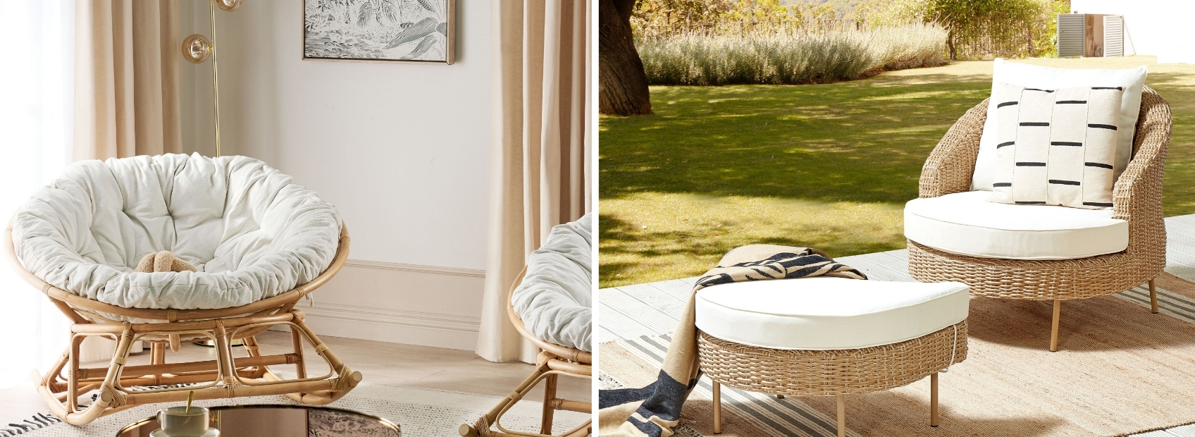 Collage showing a rattan armchair and a pe rattan armchair, one indoors and the second outdoors