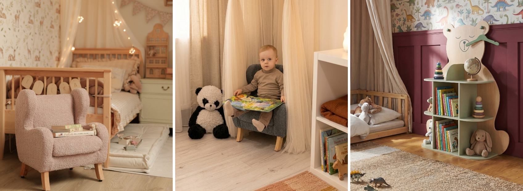 Collage showing different children's reading nooks with low bookcases and soft rugs