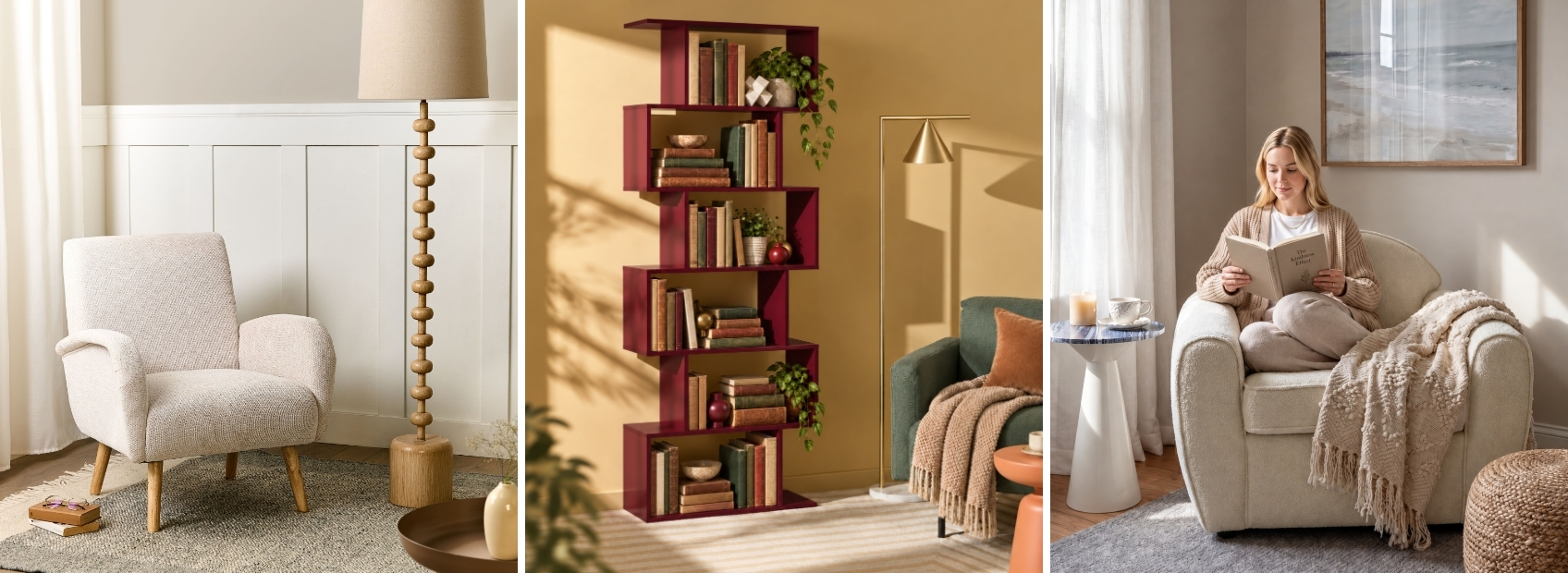 Collage showing different reading corners arrangements, with warm lighting and accessories like blankets and rugs