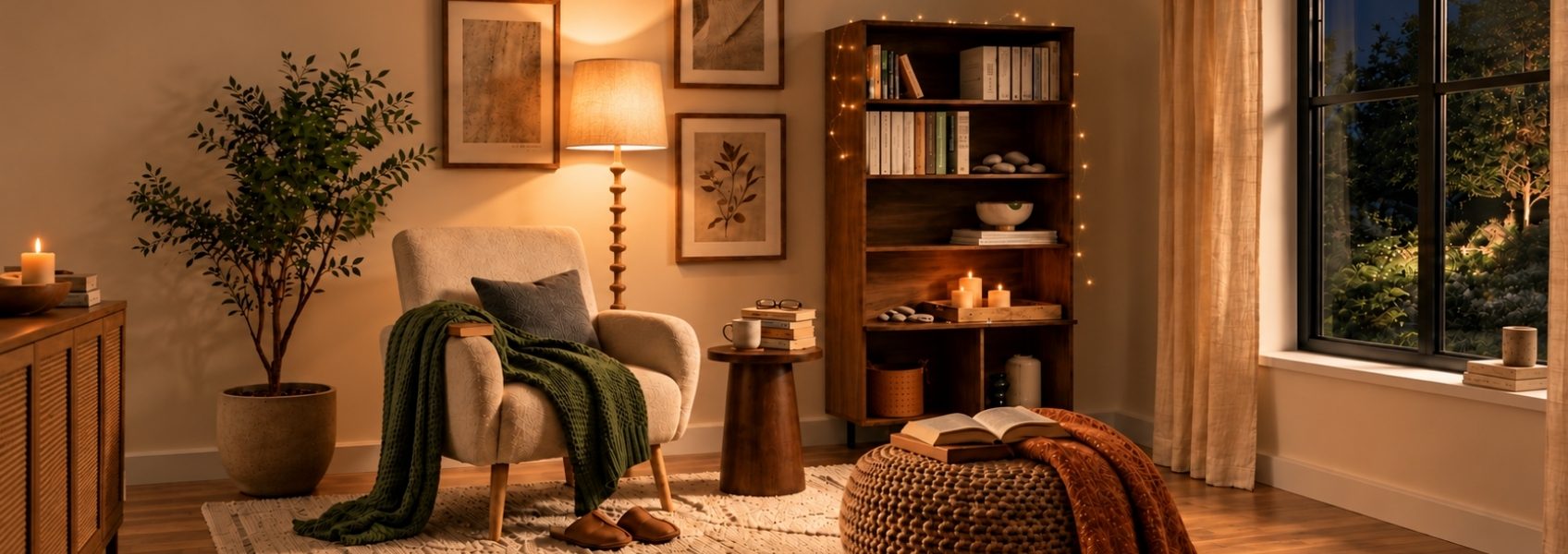 Picture showing cosy reading corner with warm lighting in a modern living room