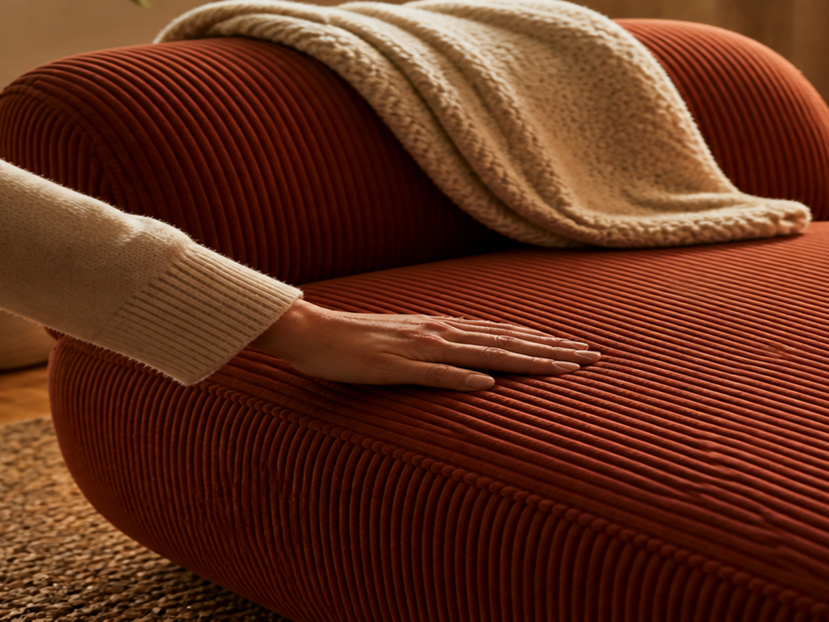 Hand touching a rust-coloured corduroy sofa with a knitted blanket