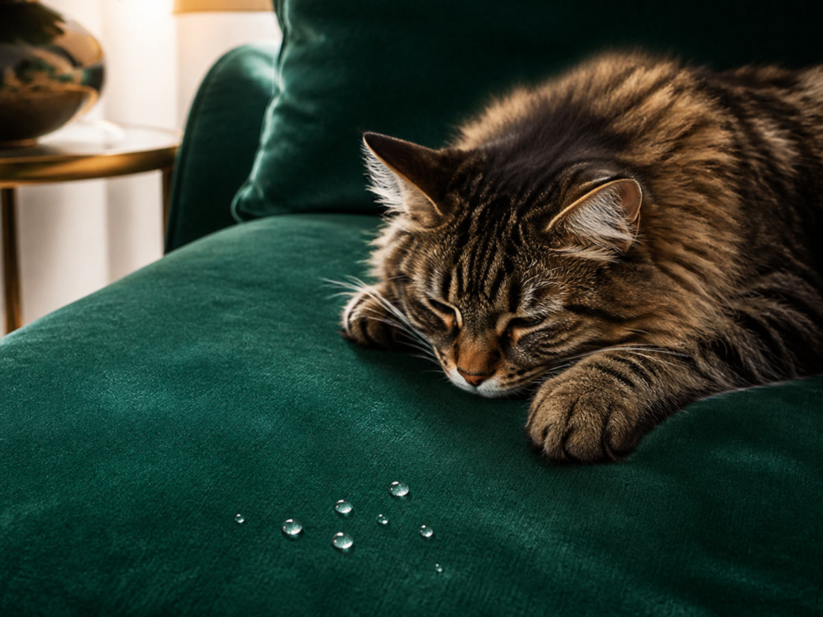 Cat resting on a green velvet sofa with water beading on the fabric
