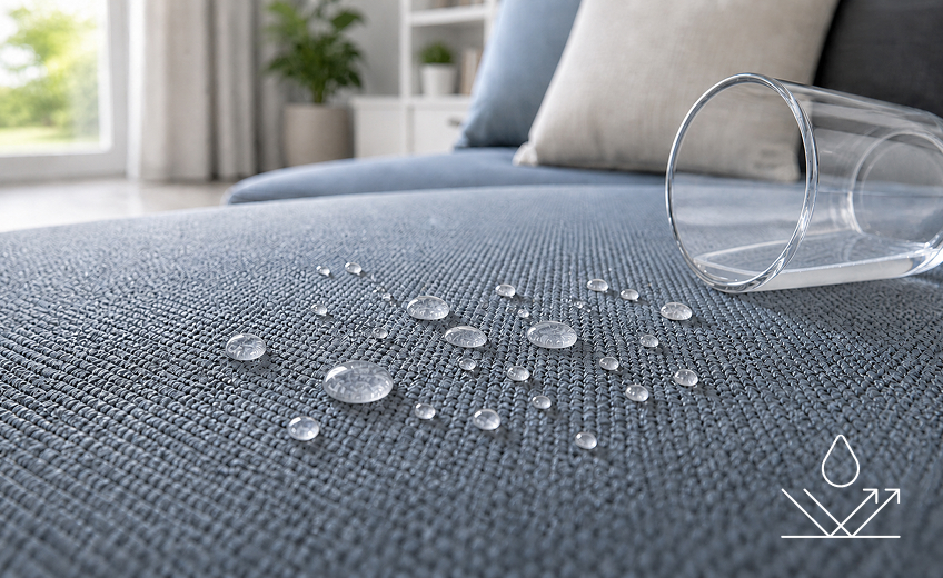 Water beading on the surface of a water-repellent upholstery fabric