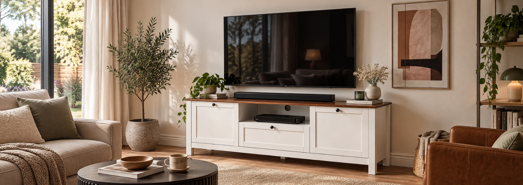 Bright Scandinavian living room with a TV, white media console, sofa, and plants.