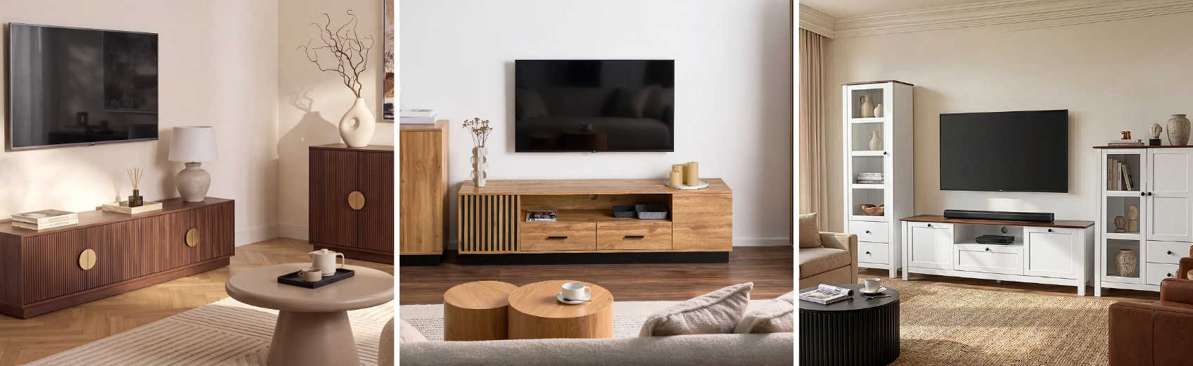 Three-panel media console collage featuring light oak, dark carved wood, and floating black designs.