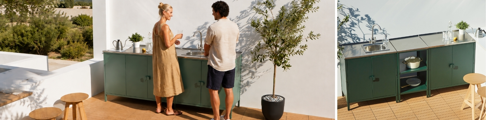 green outdoor kitchen set used for washing