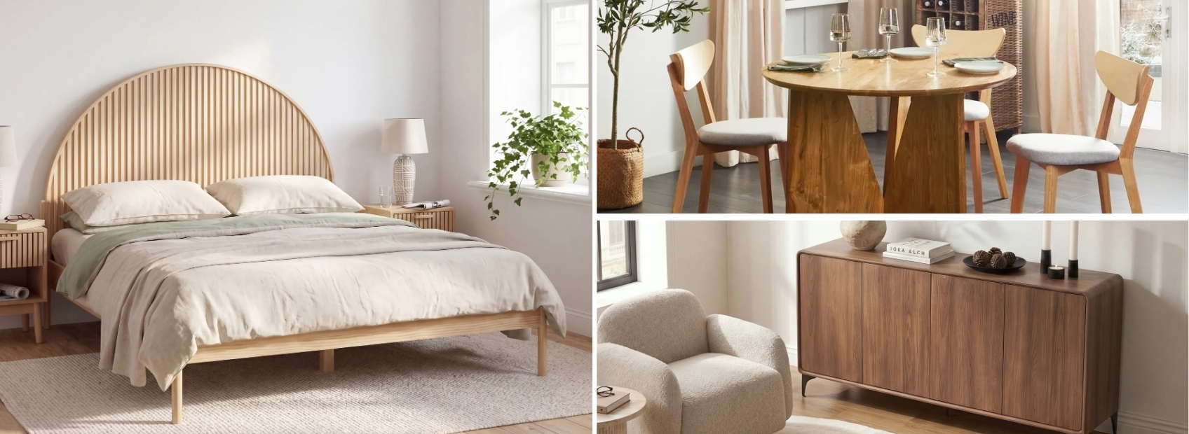 Different wooden products - table with chairs, sideboard and double bed